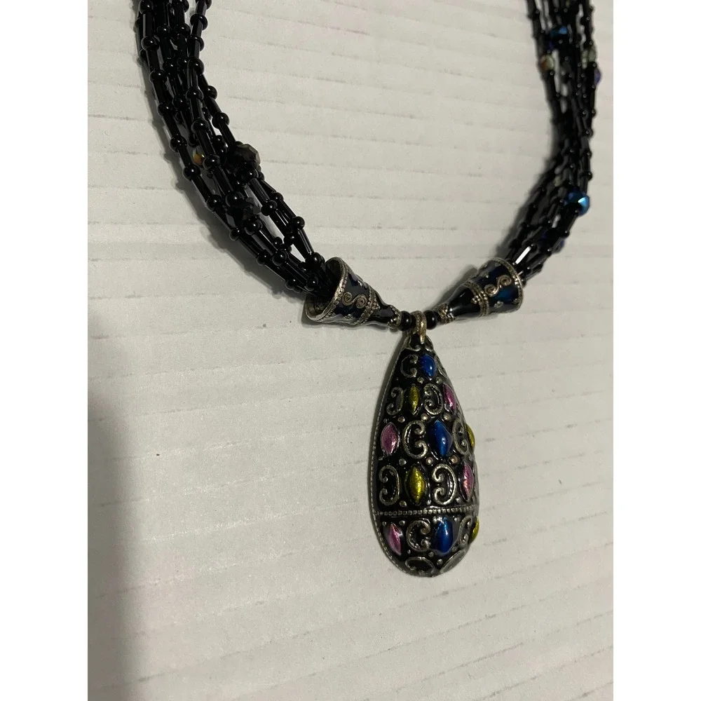 Chico's Beaded Pendant Necklace Women OS Black Multi-Strand Boho Enamel Teardrop